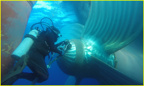 Divers managing submarine cable inspection with underwater camera assist