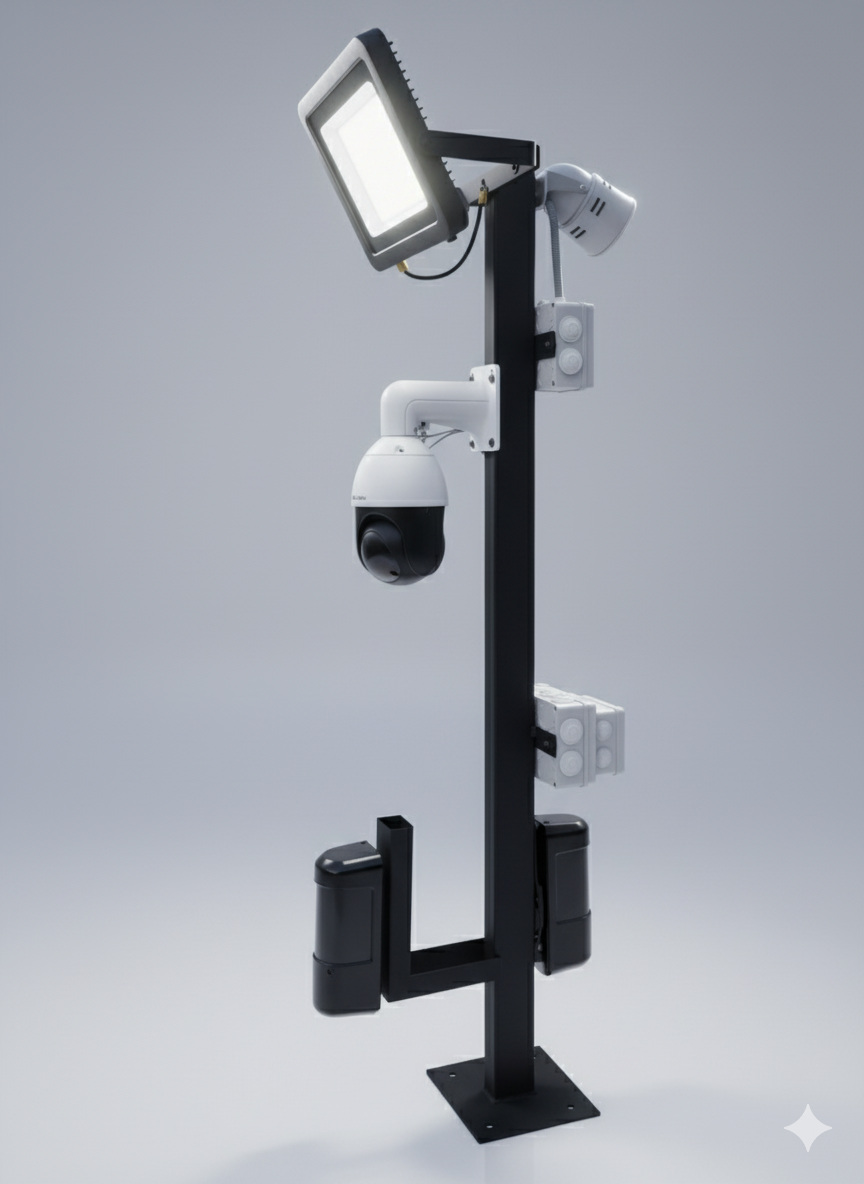 Perimeter security pole with cameras, lights and sensors